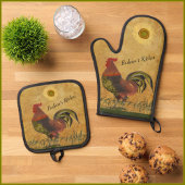 Rustikales Land Proud Rooster Personalisierter Nam Ofenhandschuh & Topflappen-Set