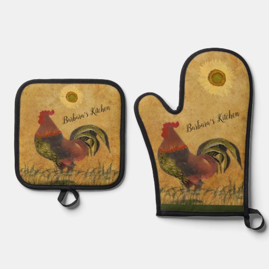 Rustikales Land Proud Rooster Personalisierter Nam Ofenhandschuh & Topflappen-Set (Vorderseite)