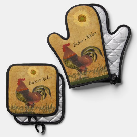 Rustikales Land Proud Rooster Personalisierter Nam Ofenhandschuh & Topflappen-Set (Vorderseite/Rückseite)