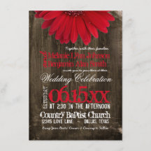 Rustikales Land Red Daisy Wood Hochzeit Einladunge