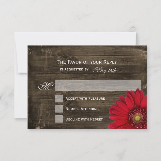 Rustikales Land Red Daisy Wood Wedding RSVP Cards (Vorderseite)