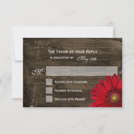 Rustikales Land Red Daisy Wood Wedding RSVP Cards Karte (Vorderseite)