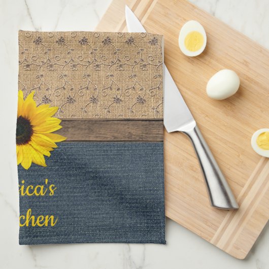 Rustikales Land simuliert Burlap Denim Sonnenblume Geschirrtuch (Viertel Falte)