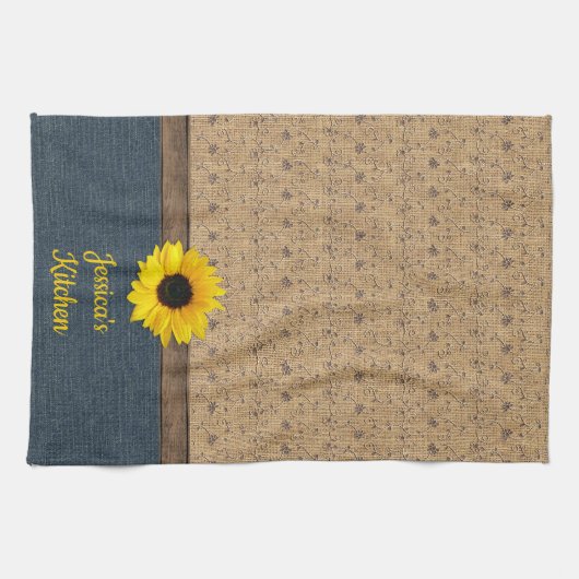 Rustikales Land simuliert Burlap Denim Sonnenblume Geschirrtuch (Horizontal)