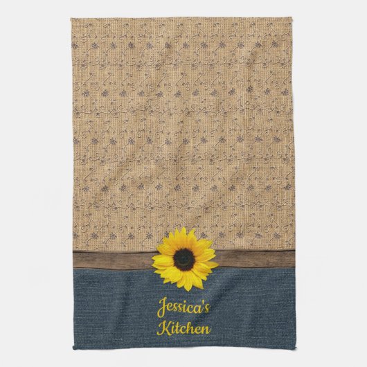 Rustikales Land simuliert Burlap Denim Sonnenblume Geschirrtuch (Vertikal)