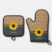 Rustikales Land simuliert Burlap Denim Sonnenblume Ofenhandschuh & Topflappen-Set (Vorderseite)