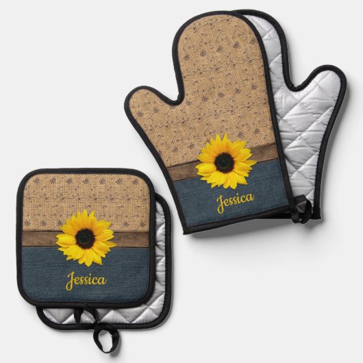 Rustikales Land simuliert Burlap Denim Sonnenblume Ofenhandschuh & Topflappen-Set (Vorderseite/Rückseite)