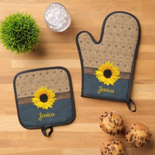 Rustikales Land simuliert Burlap Denim Sonnenblume Ofenhandschuh & Topflappen-Set (Oben Unten)