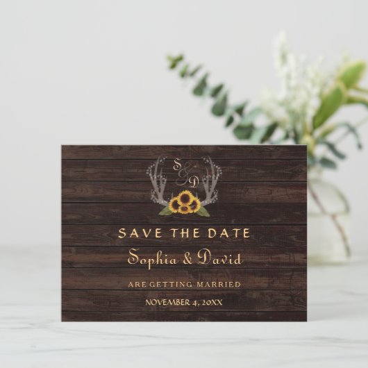 Rustikales Land Sonnenblumen Antler Save the Date (Stehend Vorderseite)