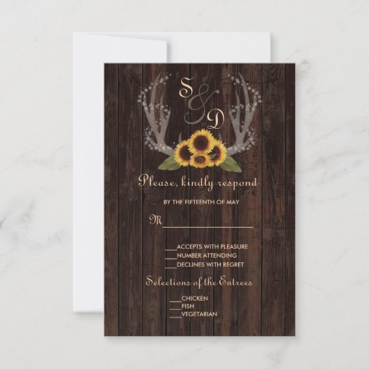 Rustikales Land Sonnenblumen Antlers Wedding RSVP (Vorderseite)