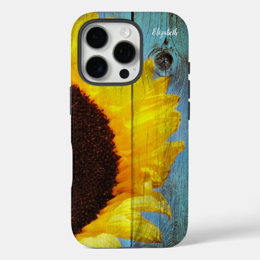 Rustikales Land Sonnenblumen Aquamarines Holz Pers Case-Mate iPhone Hülle (Rückseite)