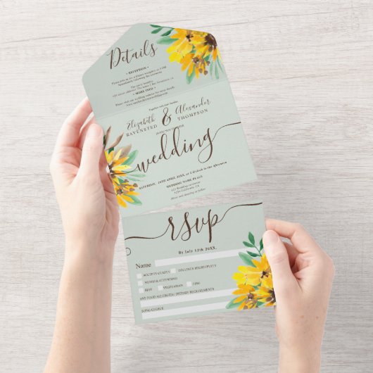 Rustikales Land Sonnenblumen Aquarellschrift Hochz All In One Einladung (Abreißen)