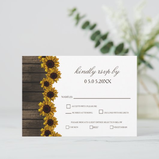 Rustikales Land Sonnenblumen Barholz Hochzeit rsvp (Stehend Vorderseite)