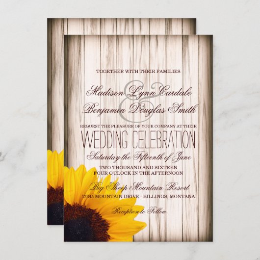 Rustikales Land Sonnenblumen Barsch Holz Hochzeit Einladung (Vorne/Hinten)