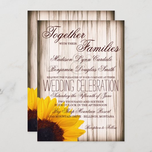 Rustikales Land Sonnenblumen Barsch Holz Hochzeit Einladung (Vorne/Hinten)