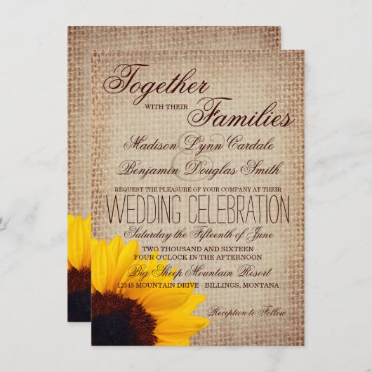Rustikales Land Sonnenblumen Burlap Hochzeit Einla Einladung (Vorne/Hinten)