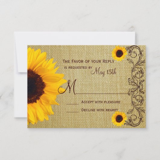 Rustikales Land Sonnenblumen Burlap Hochzeitskarte RSVP Karte (Vorderseite)