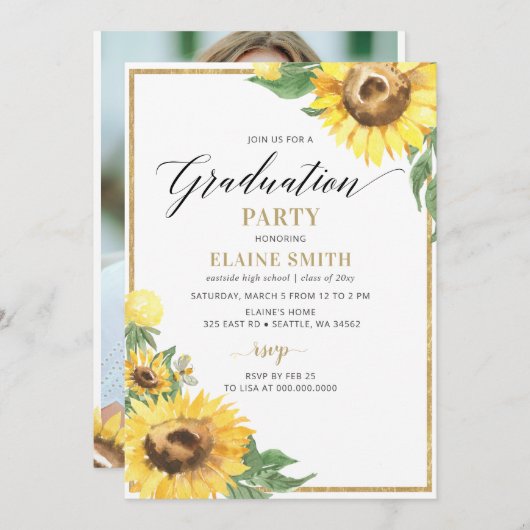 Rustikales Land Sonnenblumen Foto Abschluss Einladung (Vorne/Hinten)