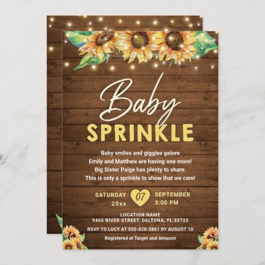 Rustikales Land Sonnenblumen Gelbfall Baby Sprinkl Einladung (Vorne/Hinten)