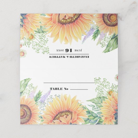 Rustikales Land Sonnenblumen Hochzeitstisch Platzk Platzkarte (Außenseite Aufgefaltet)