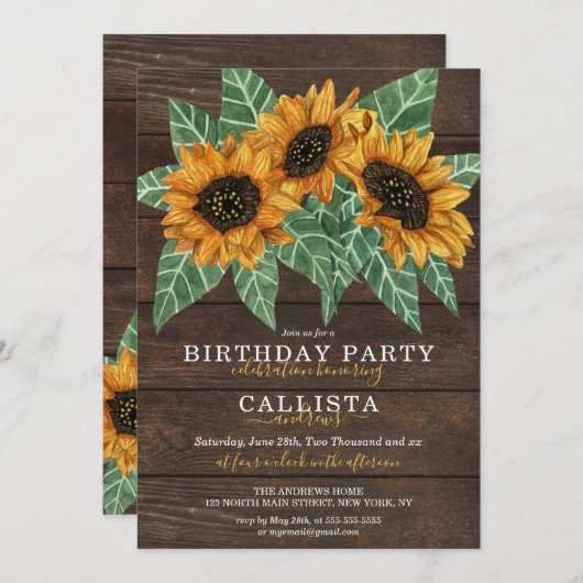Rustikales Land Sonnenblumen Holz Wasserfarbe Gebu Einladung (Vorne/Hinten)