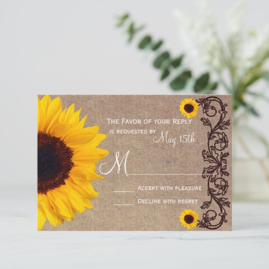 Rustikales Land Sonnenblumen Reben Hochzeit RSVP K (Stehend Vorderseite)