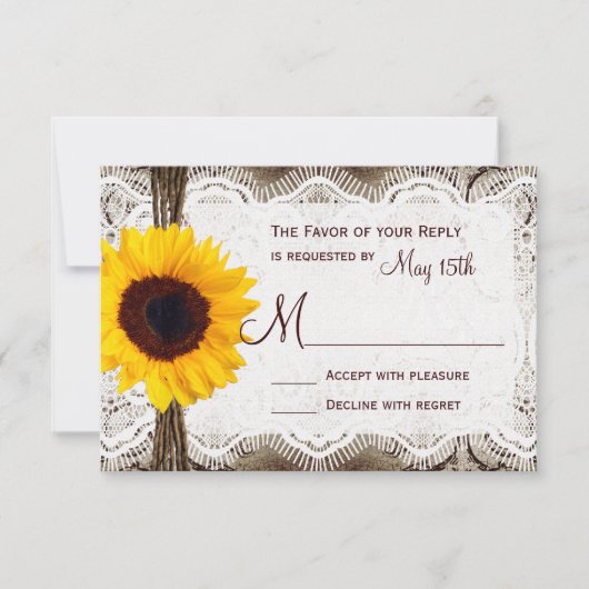 Rustikales Land Sonnenblumen Spitzen Twine Wedding RSVP Karte (Vorderseite)