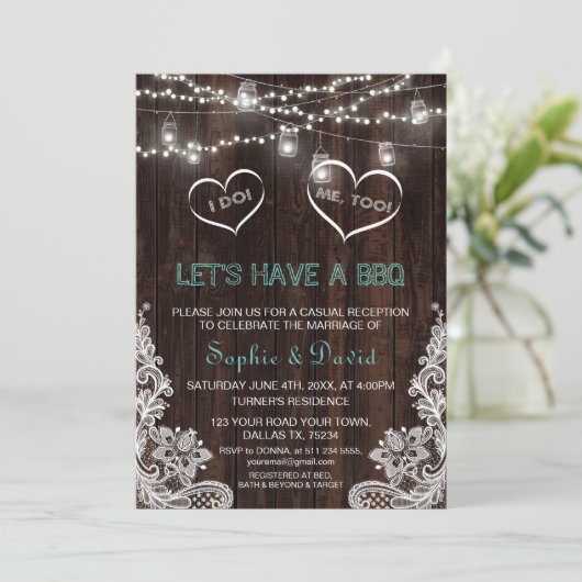 Rustikales Land Spitzen Lichter Holz ich mache GRI Einladung (Stehend Vorderseite)