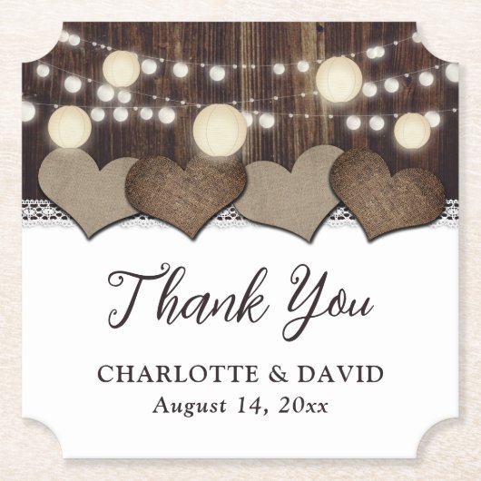 Rustikales Land Stall Holz Burlap Lace Lantern Untersetzer (Vorderseite)