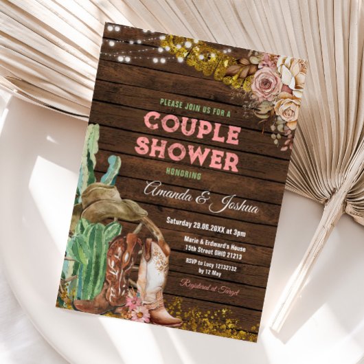 Rustikales Land Stiefel Couple's Dusche Wood Flora Einladung