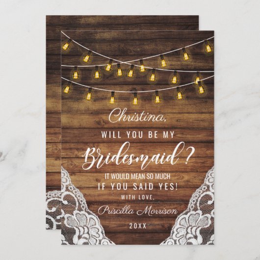 Rustikales Land String Lights Wood Lace Bridesmaid Einladung (Vorne/Hinten)