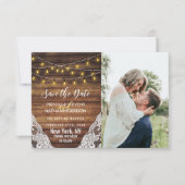 Rustikales Land String Lights Wood Lace Save The Date (Vorderseite)