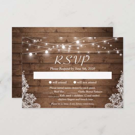 Rustikales Land Twinkle Lights Lace Barn Wood UAWG RSVP Karte (Vorne/Hinten)