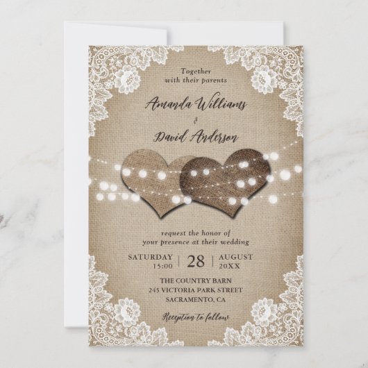 Rustikales Land Vintag Burlap Blues Hochzeit Einladung (Vorderseite)