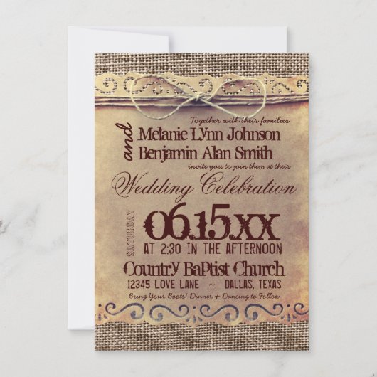 Rustikales Land Vintag Burlap Hochzeitseinladungen Einladung (Vorderseite)