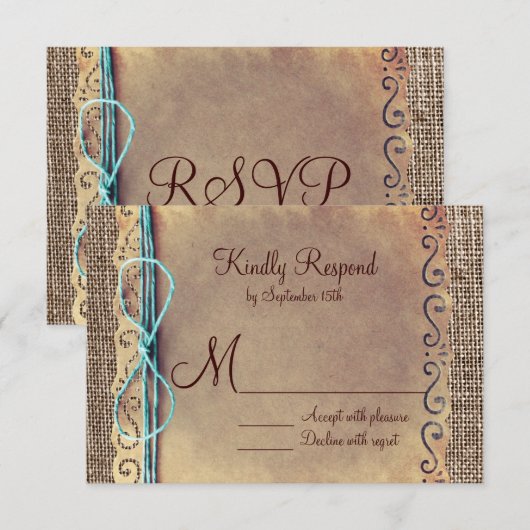 Rustikales Land Vintag Burlap Wedding RSVP Cards Karte (Vorne/Hinten)