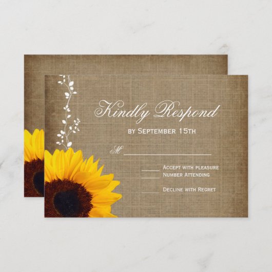 Rustikales Land Vintag Sonnenblumen Hochzeit RSVP (Vorne/Hinten)