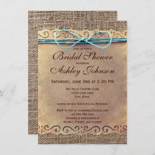 Rustikales Land-Vintage Brautparty-Einladungen Einladung (Vorne/Hinten)