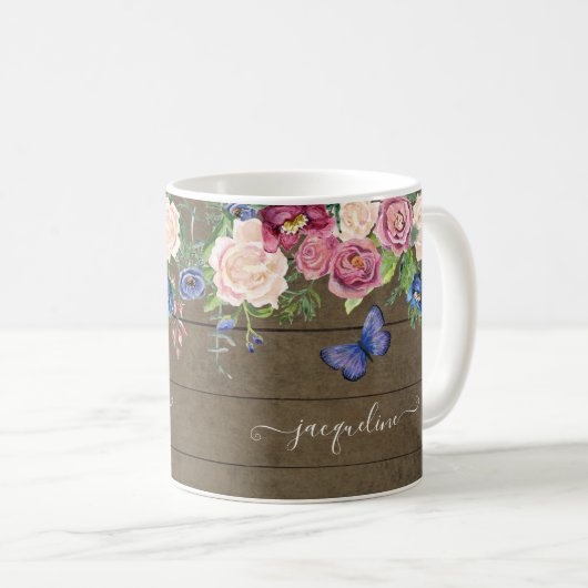 Rustikales Land Wasserfarbenflora Marine Burgund Kaffeetasse (VorderseiteRechts)