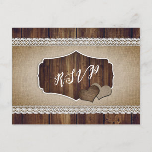 Rustikales Land Wood Burlap Lace Wedding RSVP Postkarte