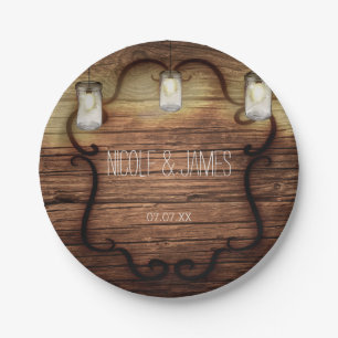 Rustikales Land Wood & Lighted Mason Jars Wedding Pappteller
