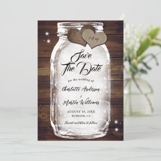 Rustikales Land Wood Lights Mason Jar Wedding Save The Date (Stehend Vorderseite)