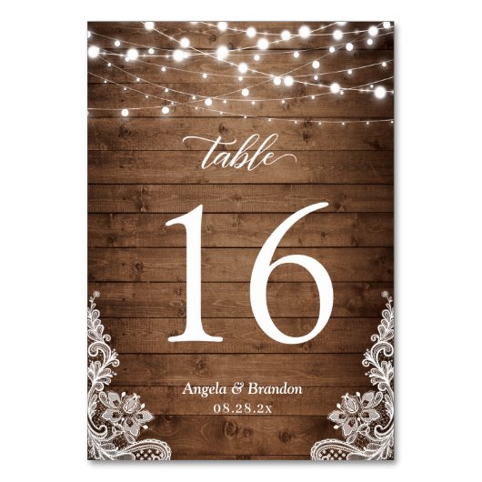 Rustikales Land Wood Twinkle Lights Hochzeit Tischnummer (Vorderseite)