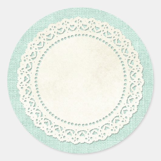 Rustikales Landhaus Doily auf Aqua Blue Burlap Runder Aufkleber (Vorderseite)