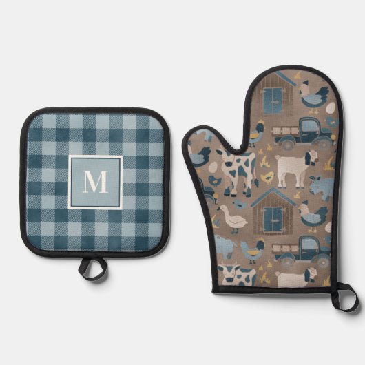 Rustikales Landhaus Küche Ofenhandschuh & Topflappen-Set (Vorderseite)