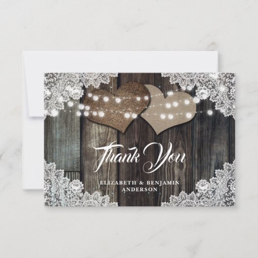 Rustikales Landholz Lace Burlap Hearts Wedding Dankeskarte (Vorderseite)