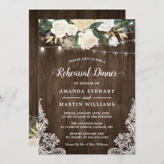 Rustikales ländliches Elfenbeinfest Probe Abendess Einladung (Vorne/Hinten)