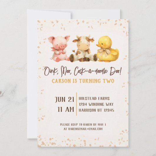 Rustikales Landtier zum zweiten Geburtstag Einladung (Vorderseite)