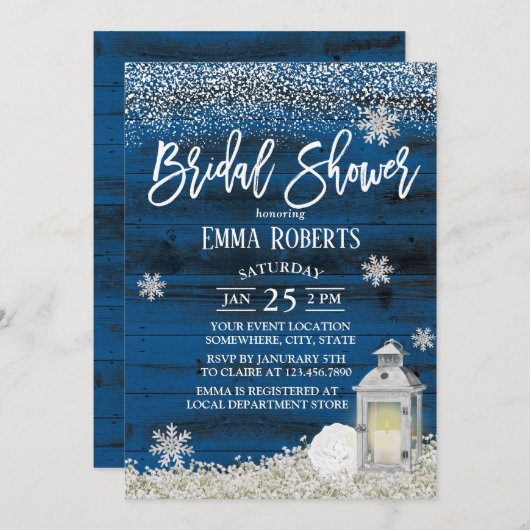 Rustikales Lantern Winterschneeflocken Navy Brautp Einladung (Vorne/Hinten)