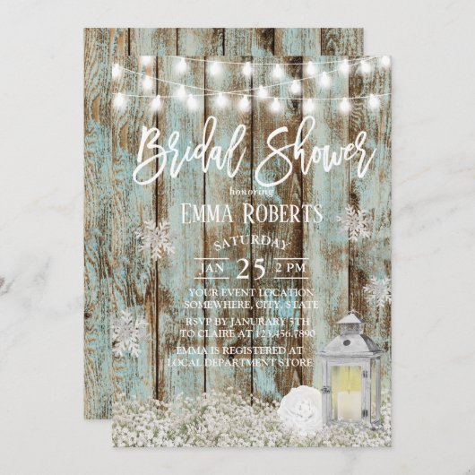 Rustikales Laternenschneeflocken WinterBrautparty Einladung (Vorne/Hinten)